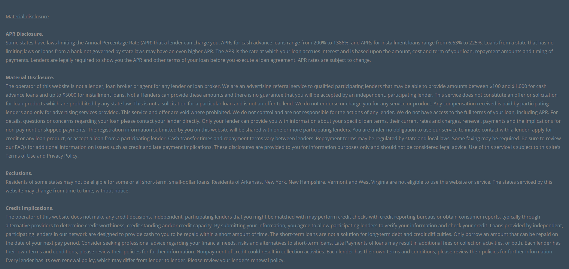 Material disclosure for payday loans in Cincinnati Ohio